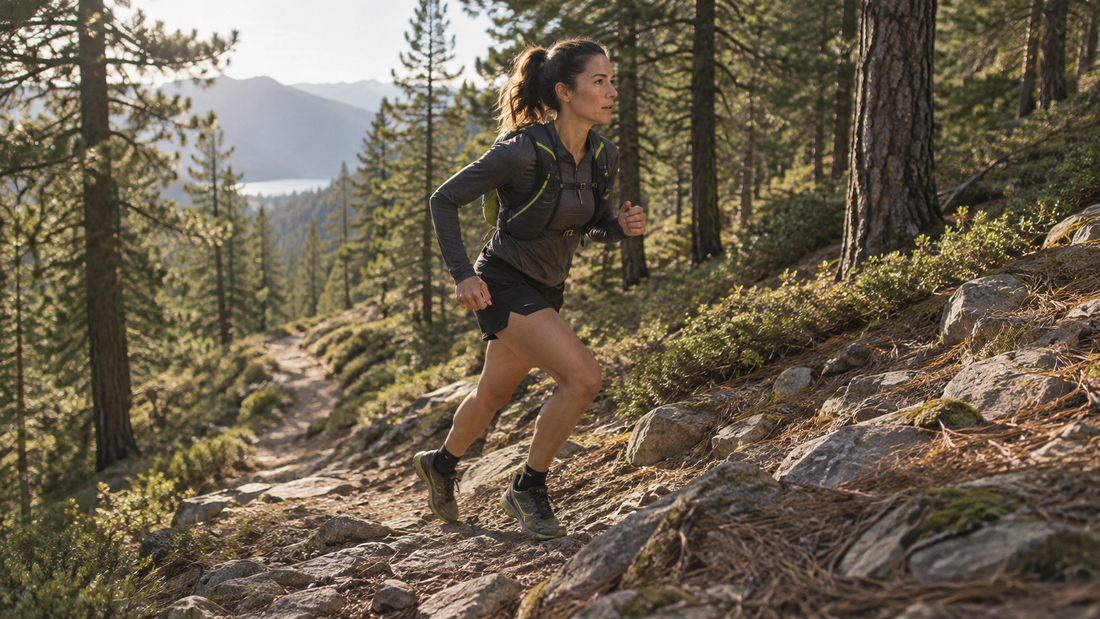 Runner practicing an uphill stride on a forest trail