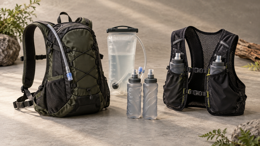 Generic hydration backpack and running vest beside a reservoir and soft flasks