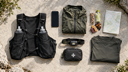 Compact trail running gear arranged for route planning