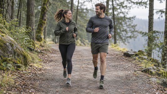 Two recreational runners jogging on a gentle woodland trail