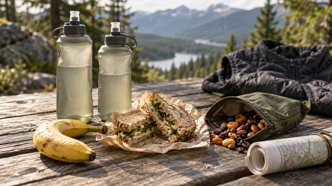 Soft flasks, familiar food and a route map on a trailhead table