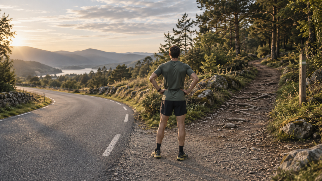 Runner at a junction between a paved road and woodland trail