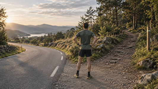 Runner at a junction between a paved road and woodland trail