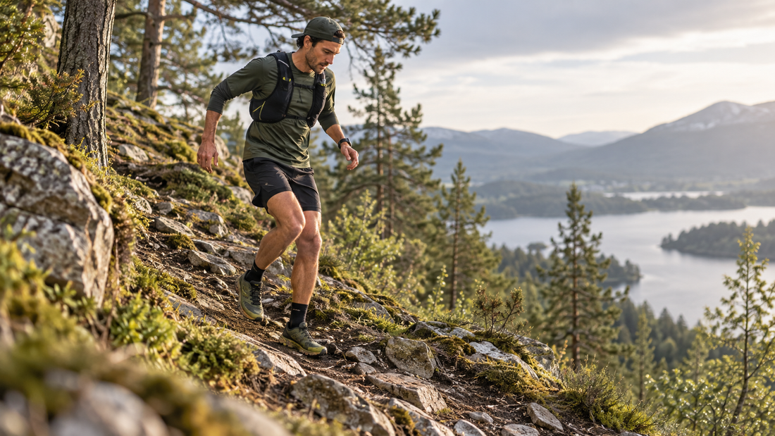 Runner taking controlled steps down a rocky trail