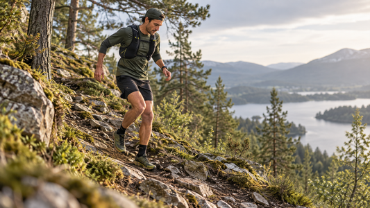 Runner taking controlled steps down a rocky trail