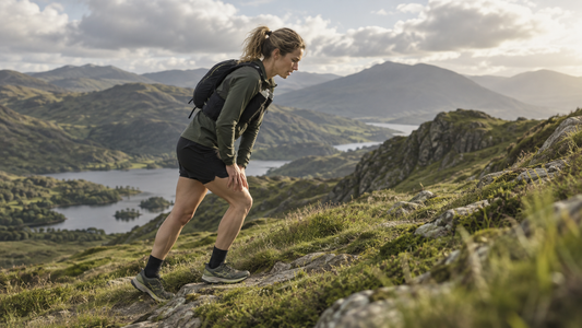 Runner power hiking a grassy mountain slope
