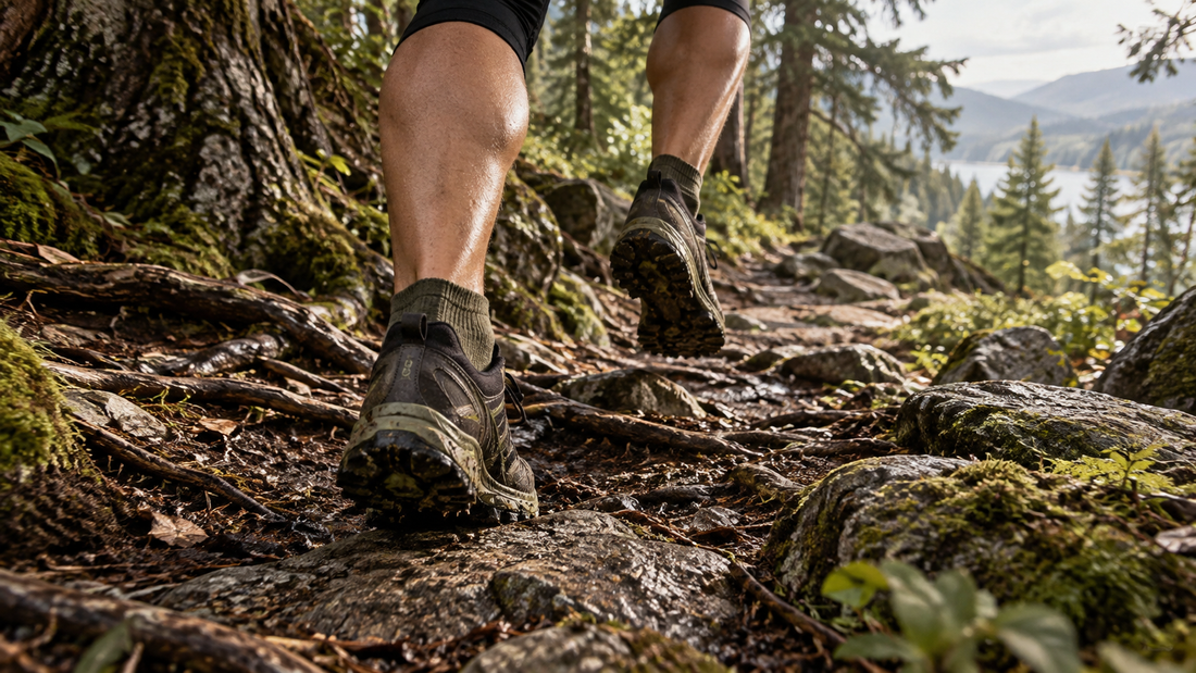 Trail shoes stepping between roots and stones