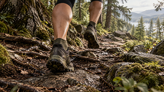 Trail shoes stepping between roots and stones