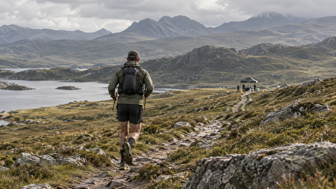 Runner approaching a distant aid station on a highland trail