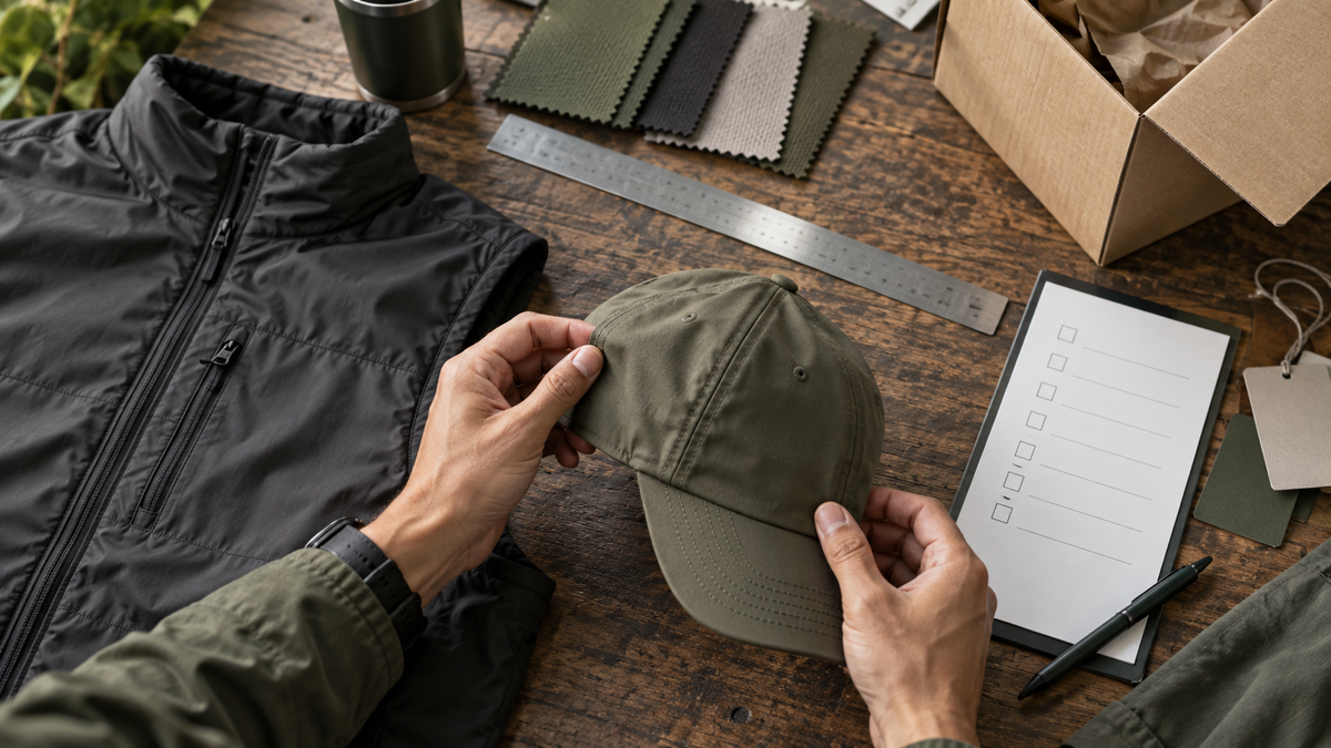 Hands inspecting a cap beside a production checklist and sample materials