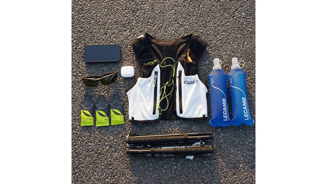 LECAMO trail running starter kit with vest, soft flasks, poles, phone and fuel