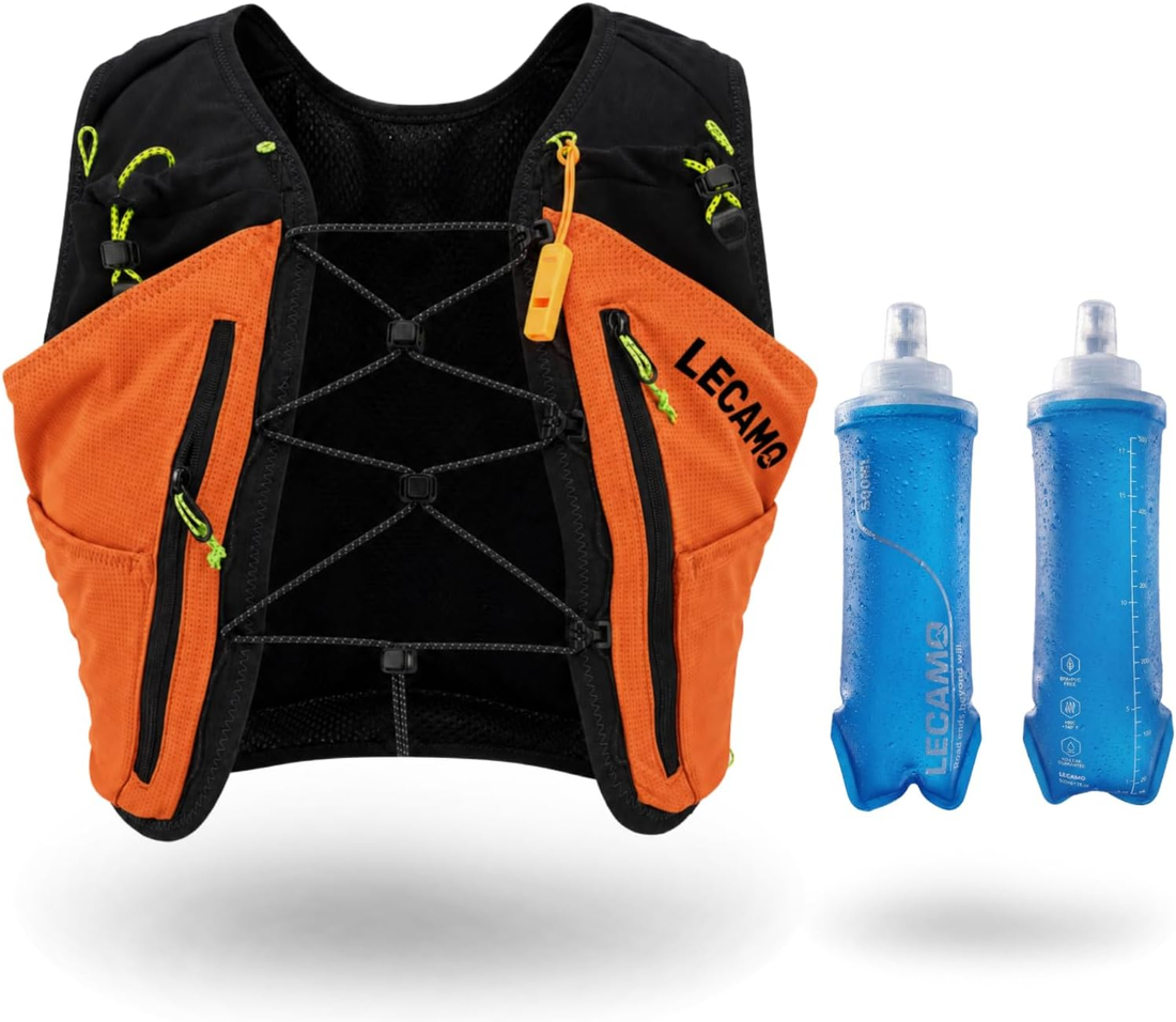 LECAMO ROOT5 5L trail running vest in Maple Orange with two 500ml soft flasks