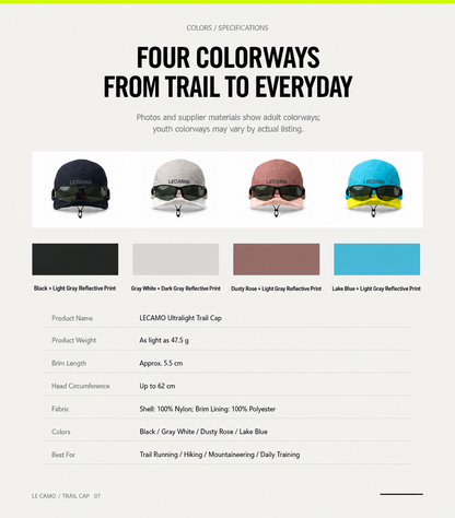 LECAMO trail running hats in Trail Black, Electric Lime, Fog White and Signal Orange