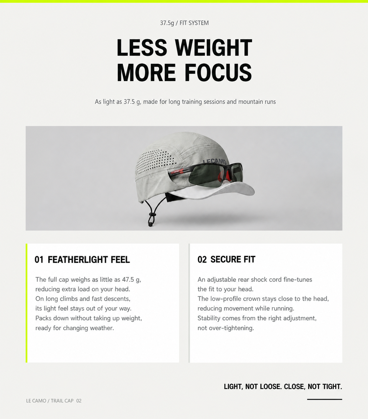 Low-profile LECAMO trail running hat with rear shock-cord adjustment