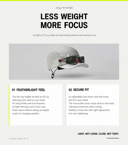 Low-profile LECAMO trail running hat with rear shock-cord adjustment