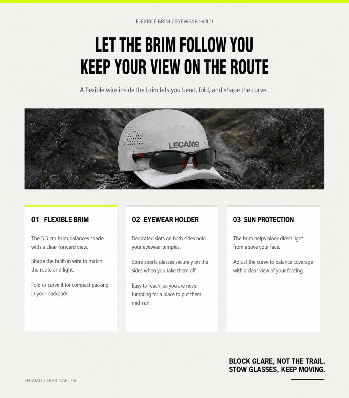 Trail running hat with shapeable 5.5 cm brim and side sunglasses slots