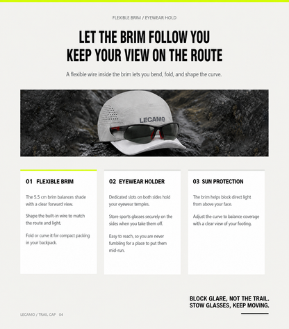 Trail running hat with shapeable 5.5 cm brim and side sunglasses slots