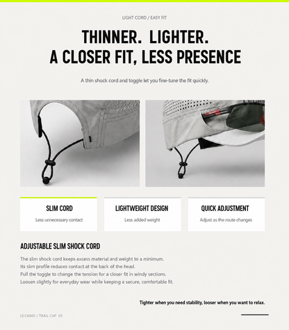 Rear shock-cord toggle adjustment on LECAMO trail running hat