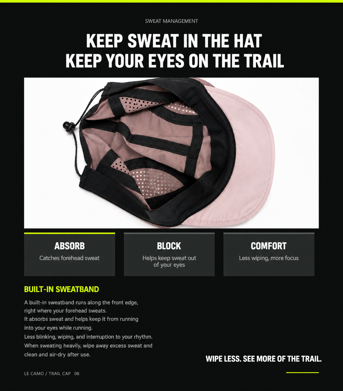 Built-in front sweatband inside LECAMO running hat